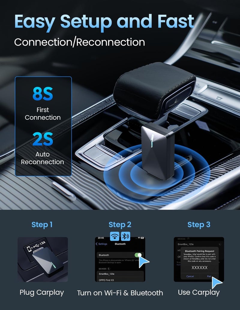Kello Wireless CarPlay Adapter for iPhone, Convert Wired to Wireless Carplay Adapter, [5.2Ghz Bluetooth] for Apple Car Play, Auto for iPhone iOS 10+/ Android 11+, Support OTA - Image 2